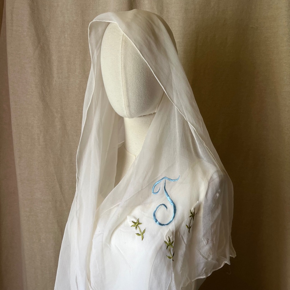 Vintage Bridal Scarf White Sheer Rayon Floral Embroidered Japan 15x50